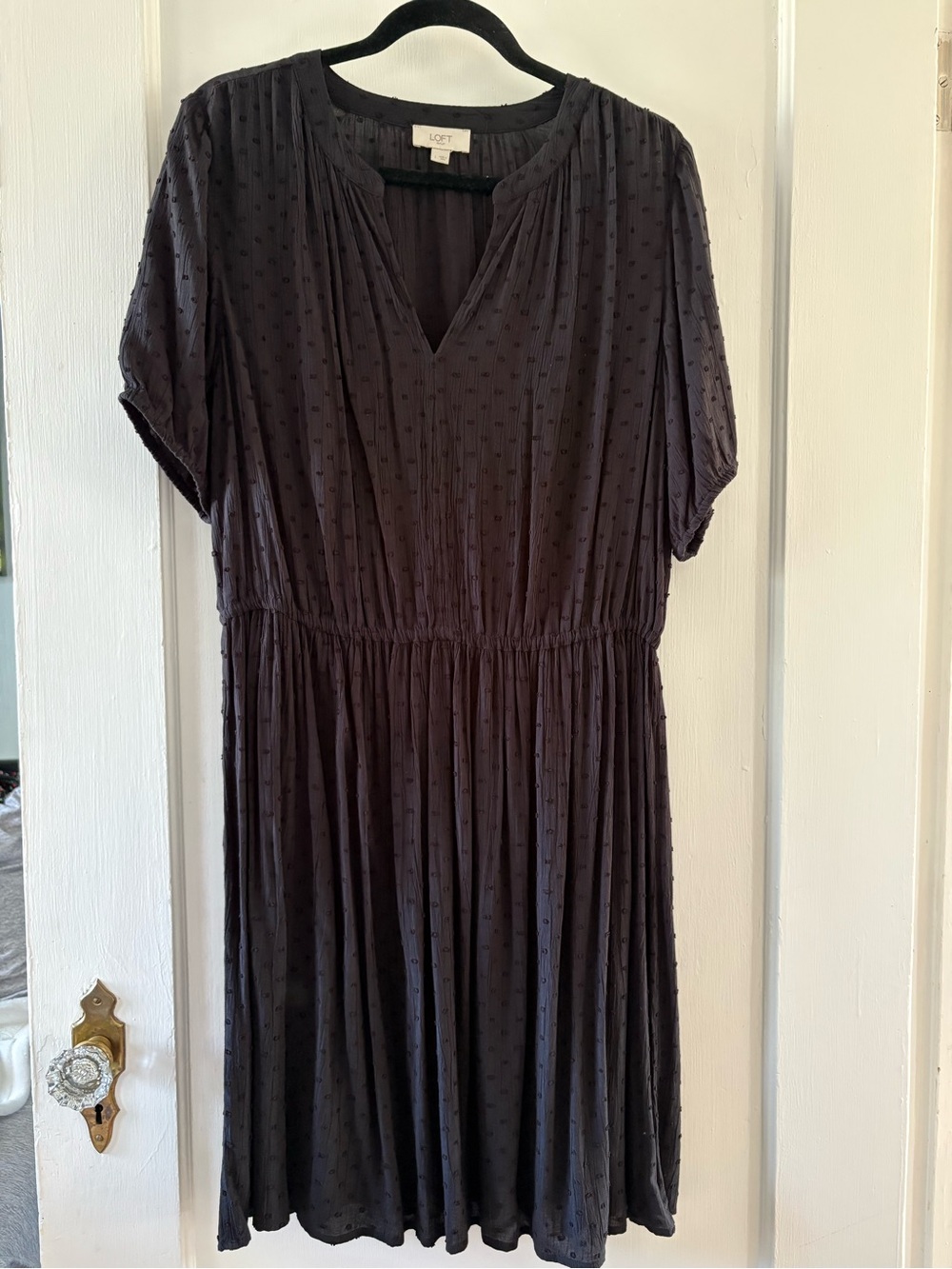 Cinched-waist black dress with dot details and v neckline.